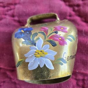 Vintage Swiss Souvnenir Geneva Hand-Painted Floral Brass Cow Bell